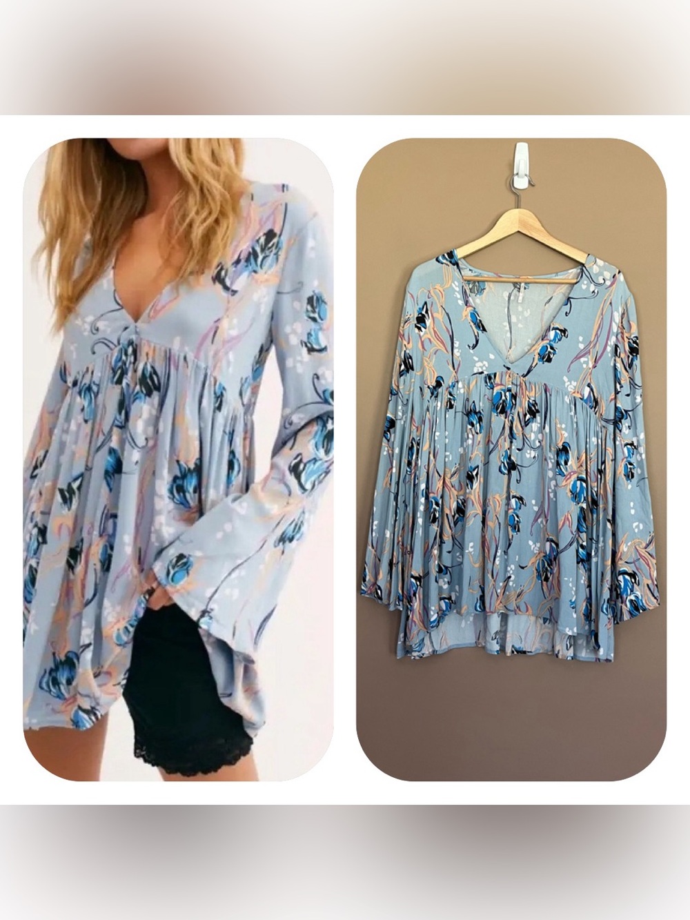 {Free People} Bella Print Floral Tunic Boho Top with Flared Long Sleeves - Small